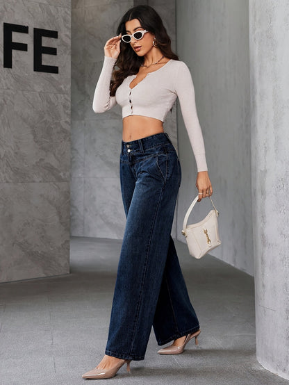 Damen High Waist Weite Schlagjeans – Modische Freizeit-Hose mit weitem Bein