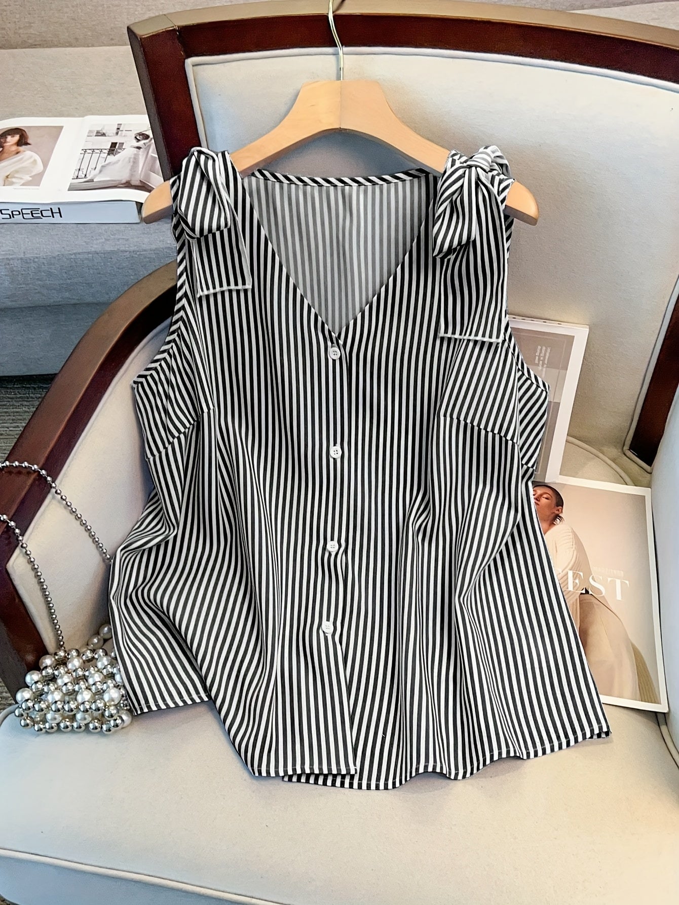 Damen Elegante Ärmellose Bluse mit Streifen und Knopfleiste – Sommer Business Freizeithemd