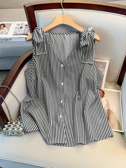Damen Elegante Ärmellose Bluse mit Streifen und Knopfleiste – Sommer Business Freizeithemd