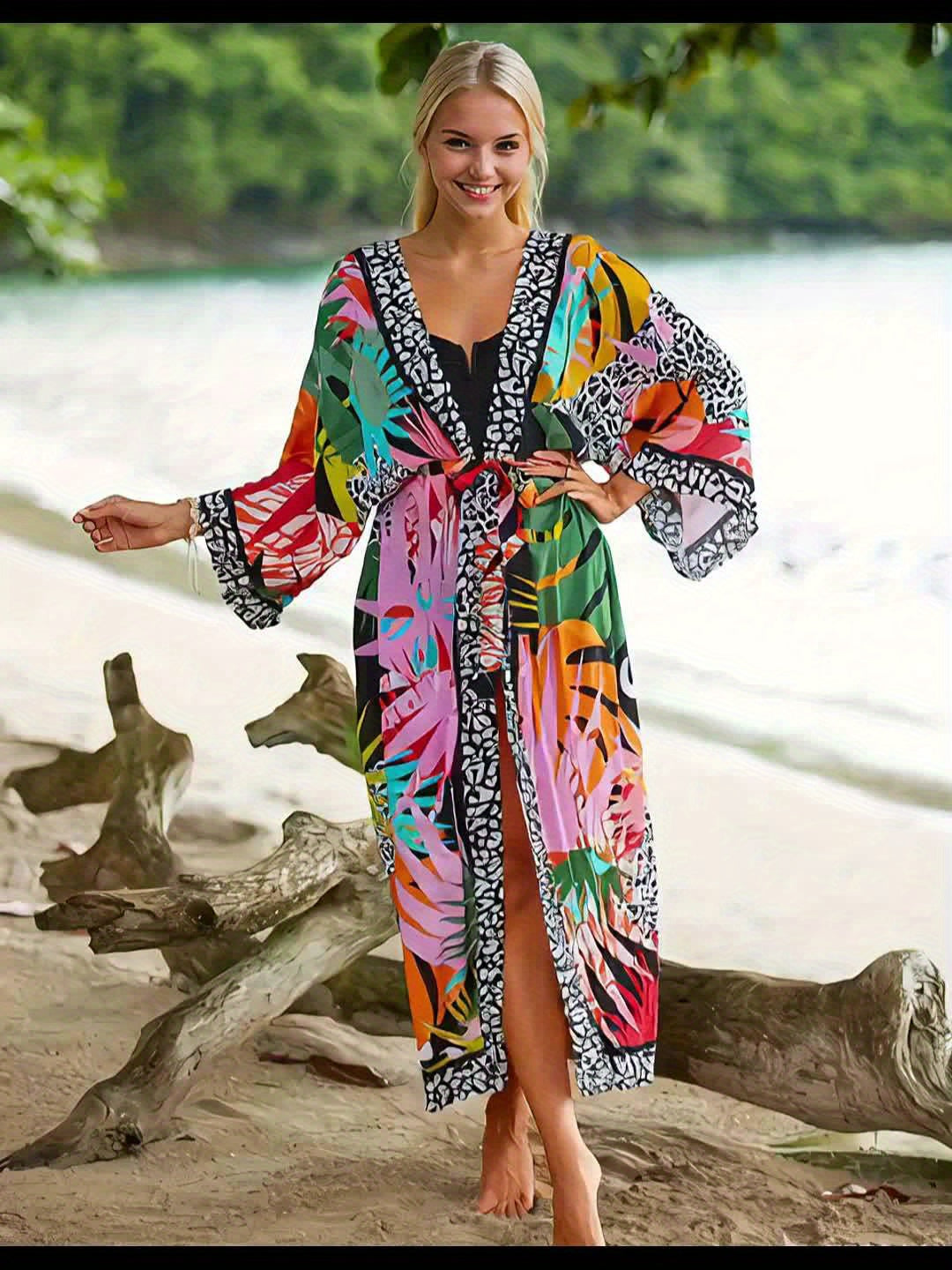 Damen Strand Kimono Lang mit Tropischem Muster und Animal Print – Modischer Überwurf für Urlaub und Pool