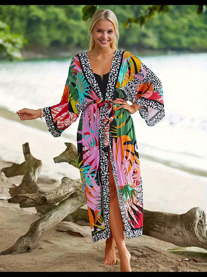 Damen Strand Kimono Lang mit Tropischem Muster und Animal Print – Modischer Überwurf für Urlaub und Pool
