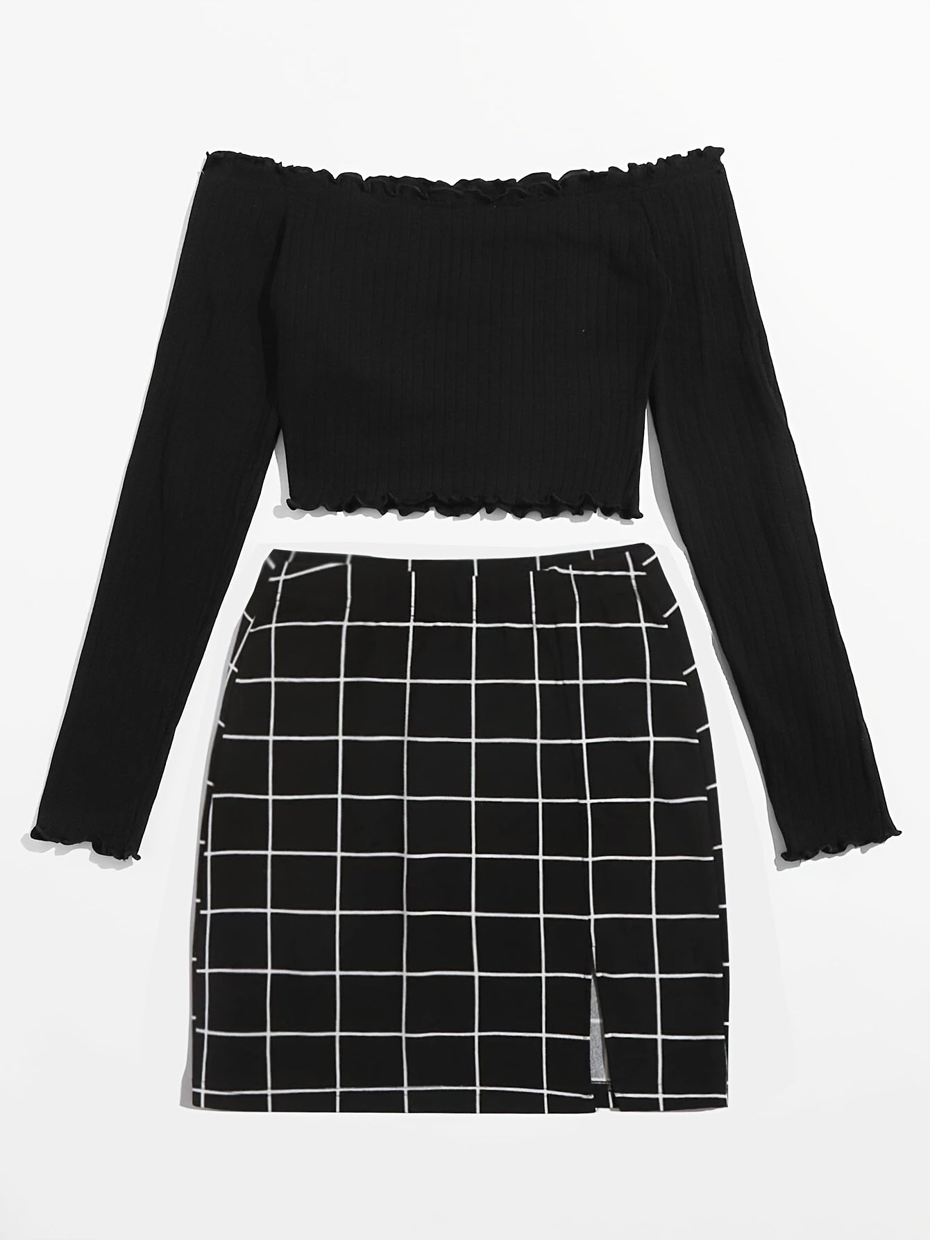 Damen Off-Shoulder Zweiteiler Set – Modisches Oberteil mit Karierter Minirock, Perfekt für Alltag und Ausgehen