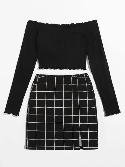 Damen Off-Shoulder Zweiteiler Set – Modisches Oberteil mit Karierter Minirock, Perfekt für Alltag und Ausgehen