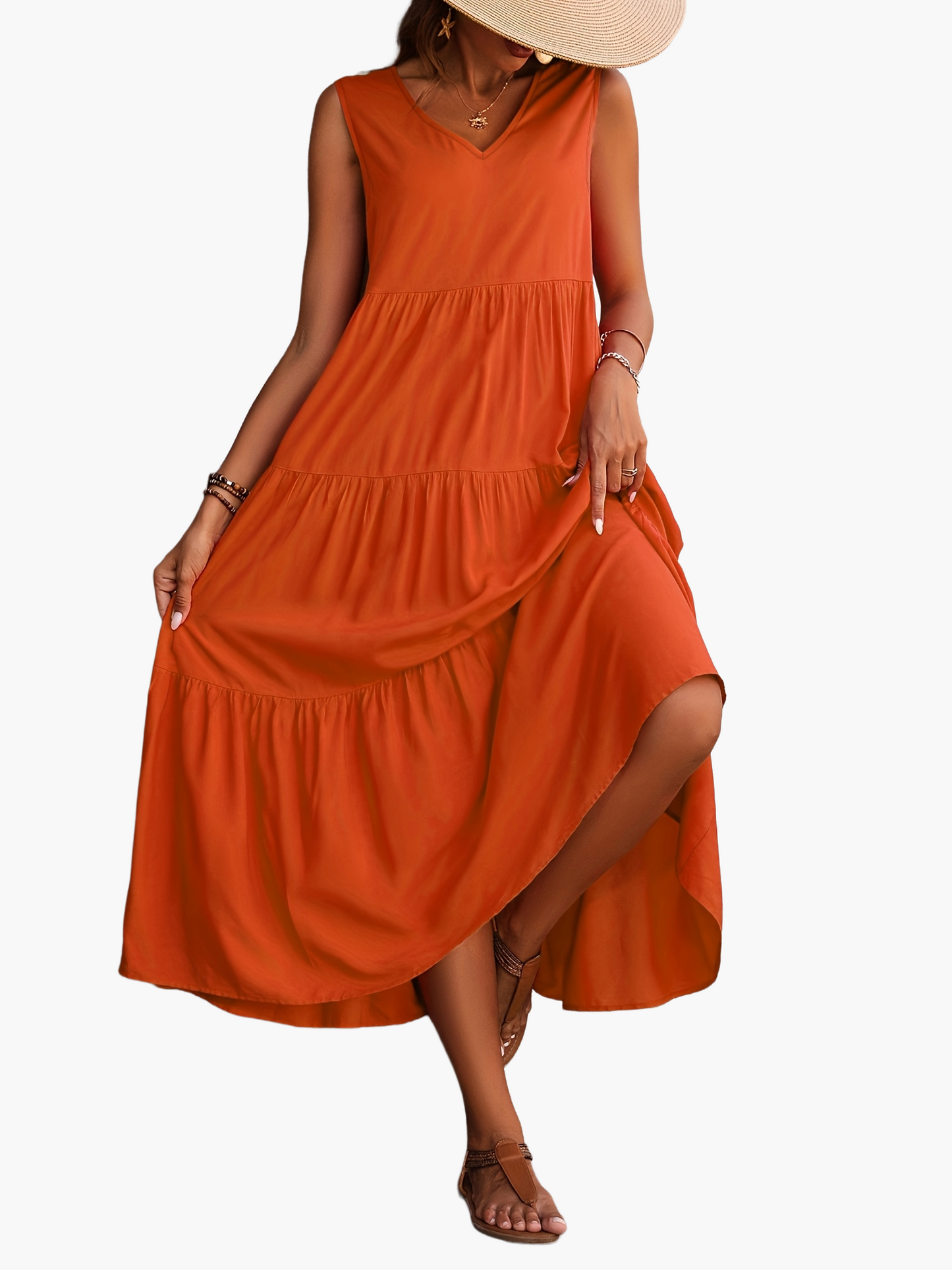 Damen Maxikleid Sommer Boho Elegant Ärmellos Freizeit V-Ausschnitt