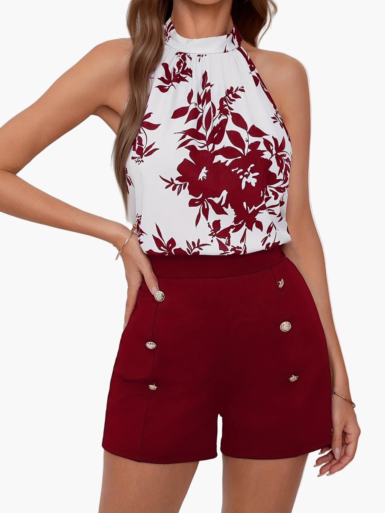 Damen Sommer Set Blusentop mit Blumenmuster und High Waist Shorts – Elegantes Freizeit Outfit