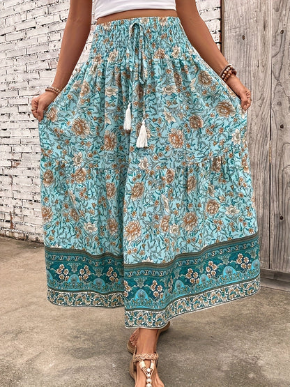 Damen Boho Maxirock mit Blumenmuster und Kordelzug – Sommer Freizeitrock für Strand und Alltag