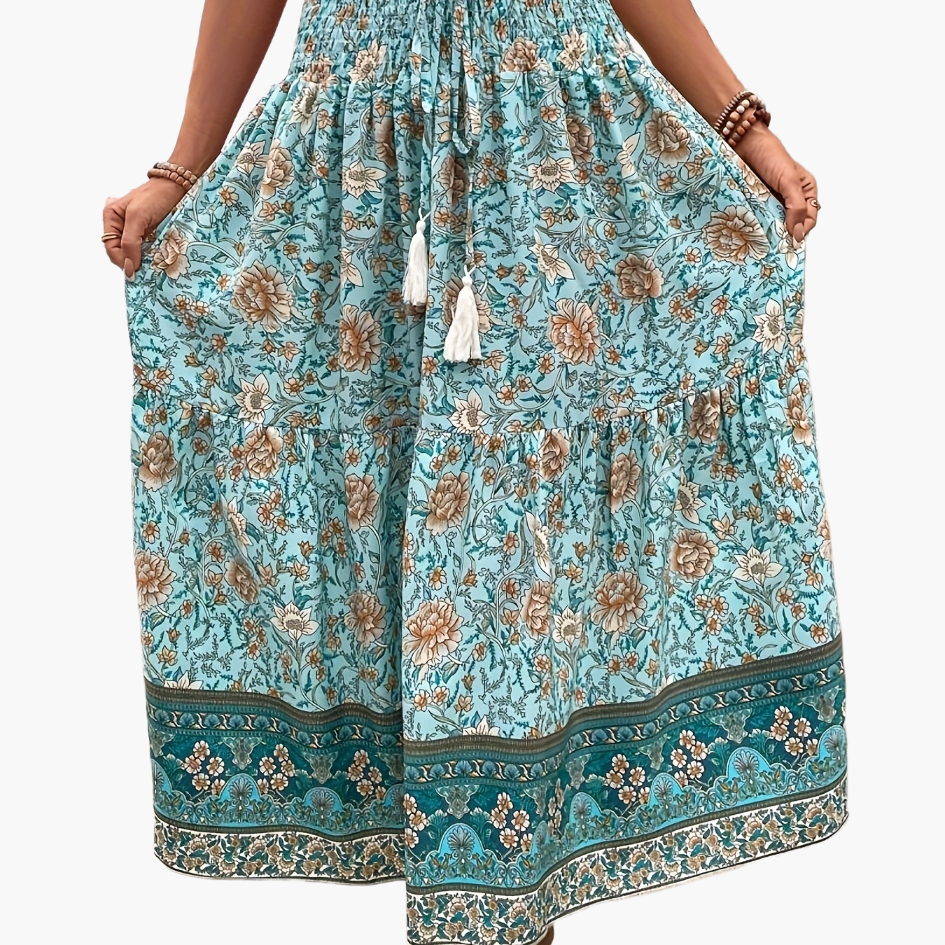 Damen Boho Maxirock mit Blumenmuster und Kordelzug – Sommer Freizeitrock für Strand und Alltag
