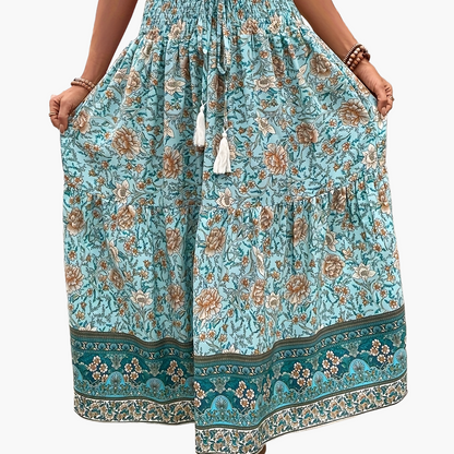 Damen Boho Maxirock mit Blumenmuster und Kordelzug – Sommer Freizeitrock für Strand und Alltag