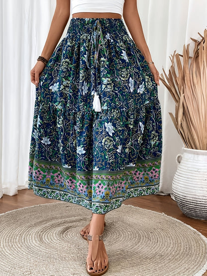 Damen Boho Maxirock mit Blumenmuster und Kordelzug – Sommer Freizeitrock für Strand und Alltag