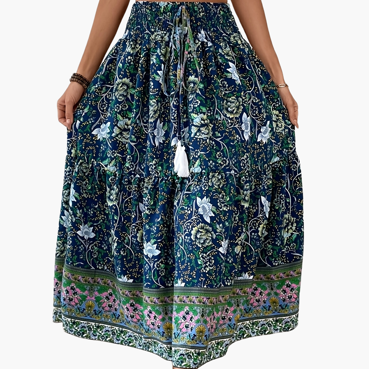 Damen Boho Maxirock mit Blumenmuster und Kordelzug – Sommer Freizeitrock für Strand und Alltag
