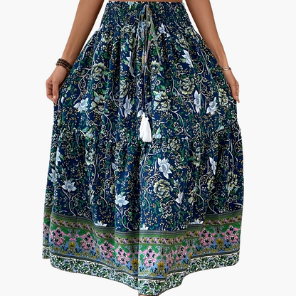 Damen Boho Maxirock mit Blumenmuster und Kordelzug – Sommer Freizeitrock für Strand und Alltag