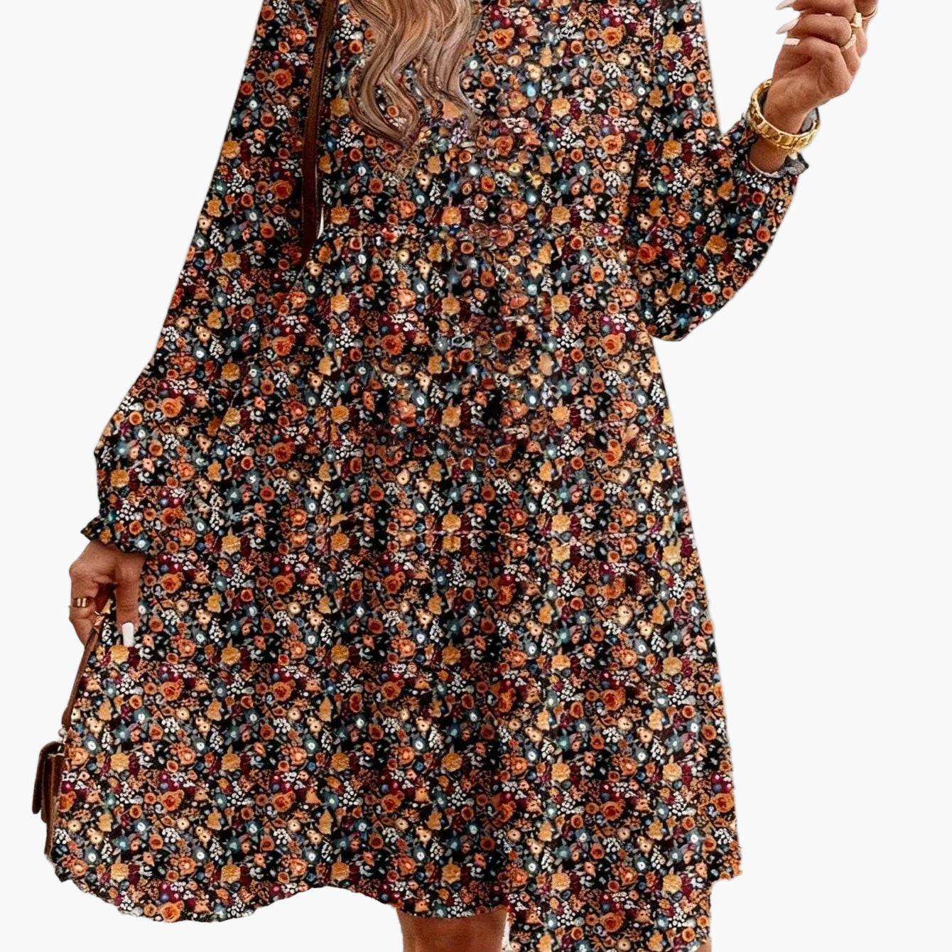 Damen Blumenkleid mit langen Ärmeln – Boho Chic Freizeitkleid für Frühling und Sommer