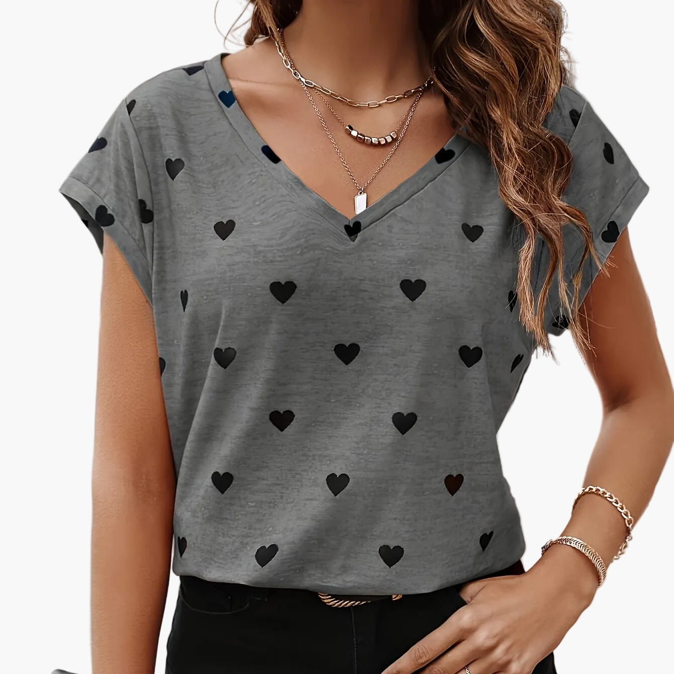Damen Elegantes Herzmuster T-Shirt für Alltag und Freizeit