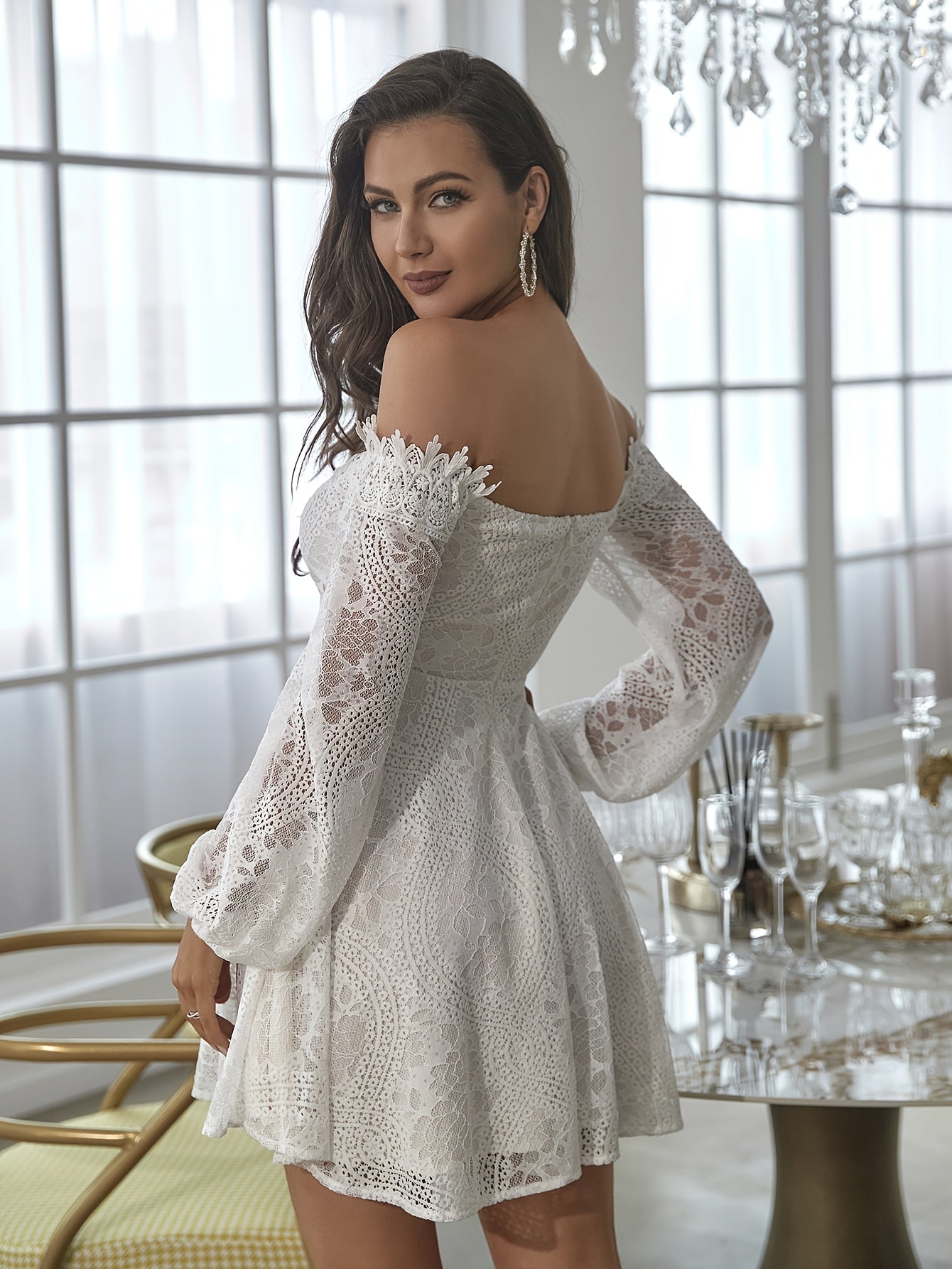 Damen Off-Shoulder Spitzenkleid Elegant Ausgeh-Look Festlich
