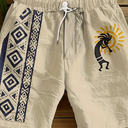 Herren Freizeitshorts mit Ethno-Muster und künstlerischem Flötenspieler-Motiv – Ideal für Sommer und Strand