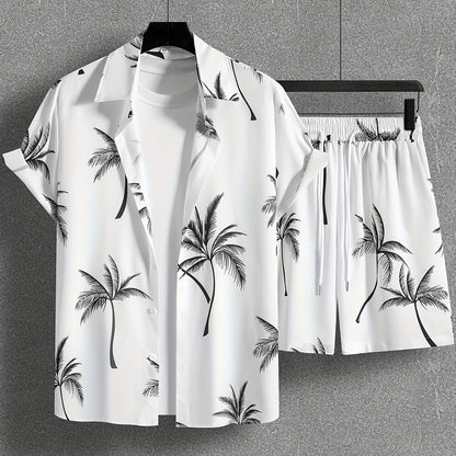 Herren Set Kurzarm Hemd und Shorts mit Palmenmuster – Lässiges Urlaubsoutfit
