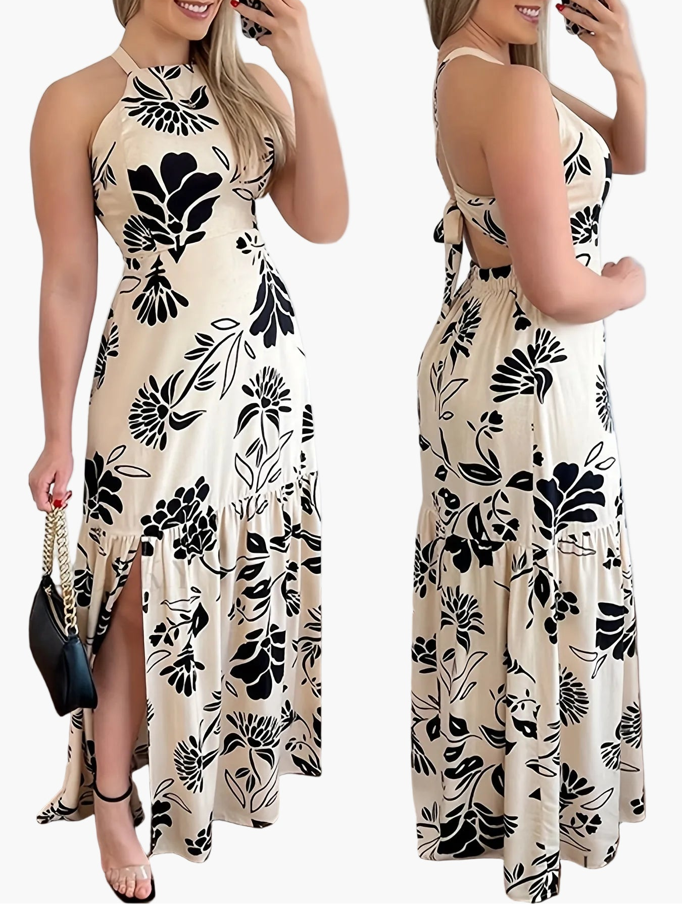 Damen Maxikleid Elegant Sommer Fit & Flare mit Blumenmuster und Rückenschnürung – Perfekt für Strand und Urlaub