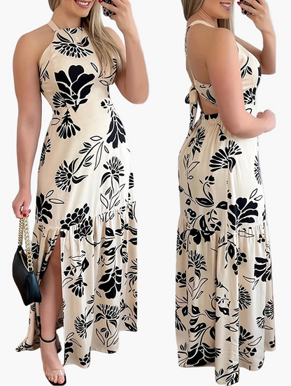Damen Maxikleid Elegant Sommer Fit & Flare mit Blumenmuster und Rückenschnürung – Perfekt für Strand und Urlaub