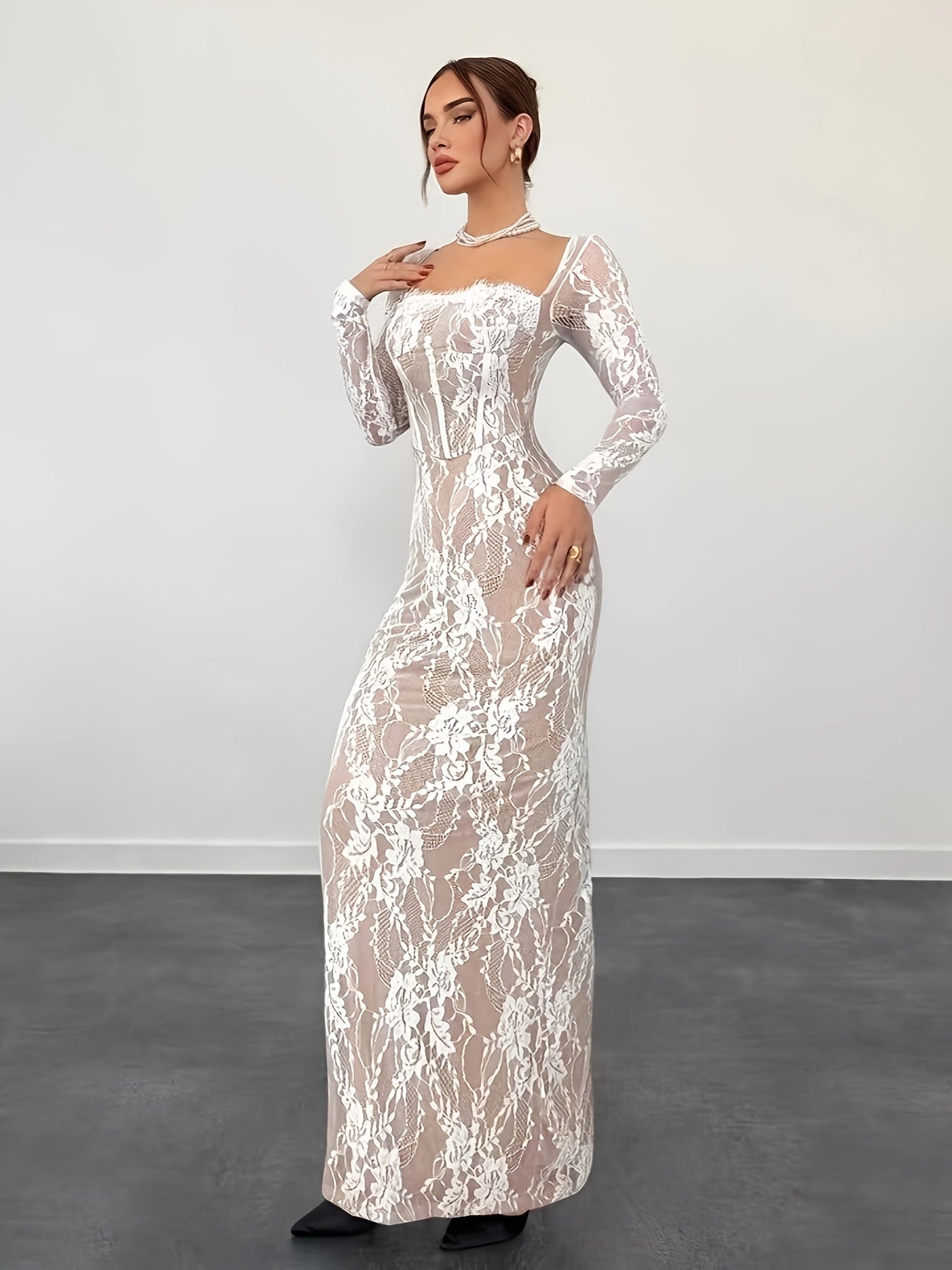 Damen Elegantes Bodycon Abendkleid mit Spitze und Langarm – Perfekt für besondere Anlässe