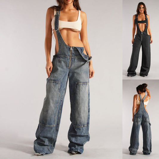 Karen – Weite Damen-Jeans-Latzhose mit Taschen