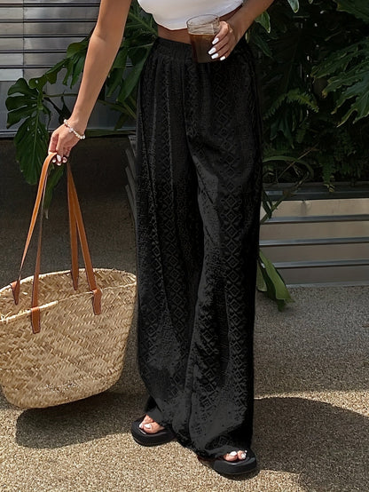 Damen Weite Broderie-Hose mit Spitze und Elastikbund – Eleganter Boho-Style für Strand und Freizeit