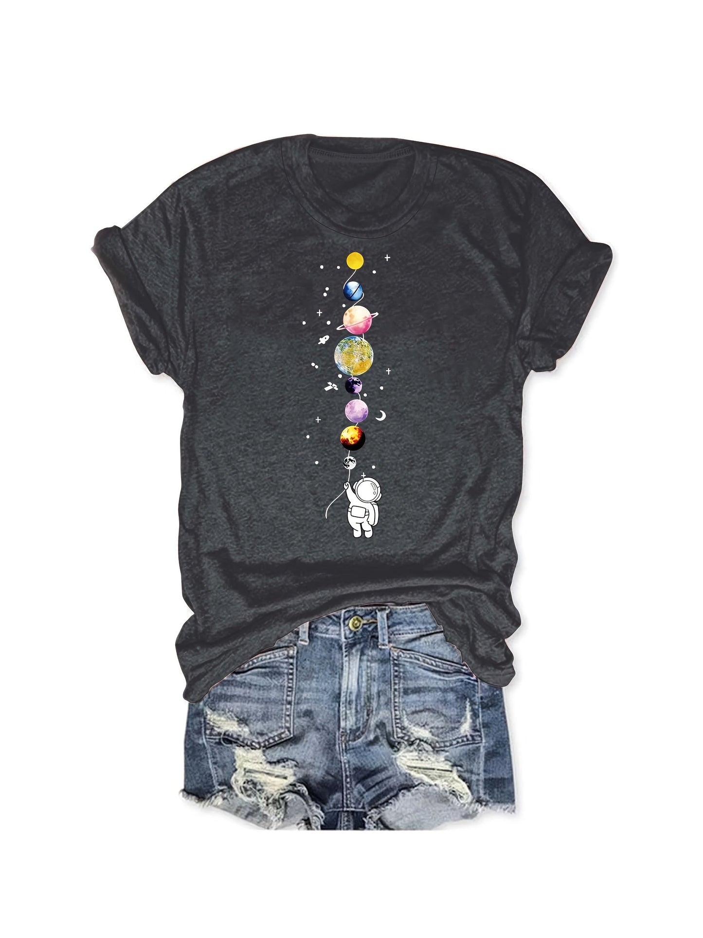Damen T-Shirt mit Astronaut und Planeten – Casual Space Style für Alltag und Freizeit