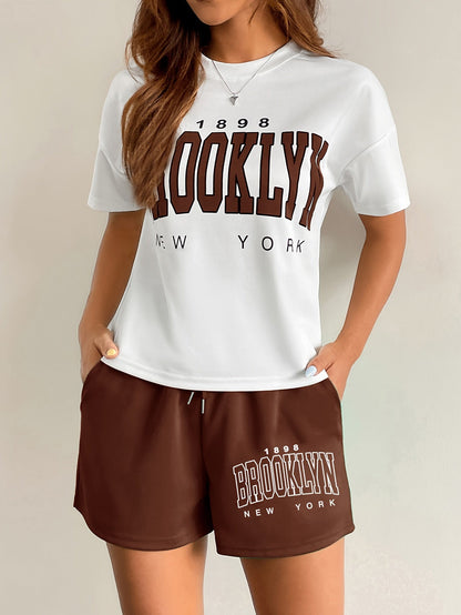 Damen Streetstyle Zweiteiler Set – Brooklyn New York Print T-Shirt und Shorts, Urban Freizeit Outfit
