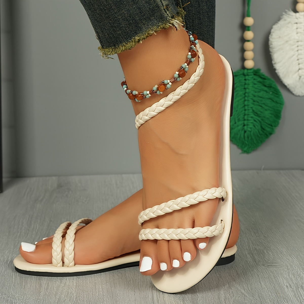 Damen Geflochtene Sommer-Sandalen – Modische Flache Riemchensandalen für Alltag & Urlaub