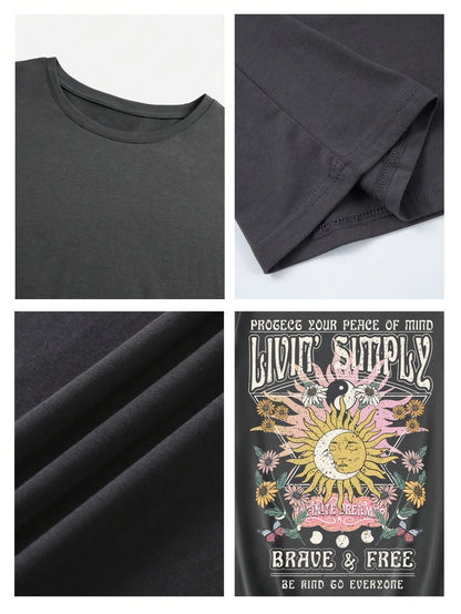Damen T-Shirt im Boho-Stil mit Sonnendruck und inspirierendem Spruch – Ideal für Freizeit, Festivals & Alltag