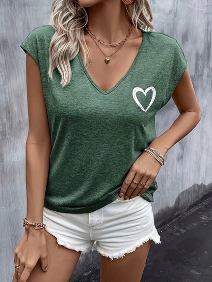 Damen T-Shirt mit Herz-Print und V-Ausschnitt – Lässiger Sommerstil für Freizeit und Alltag