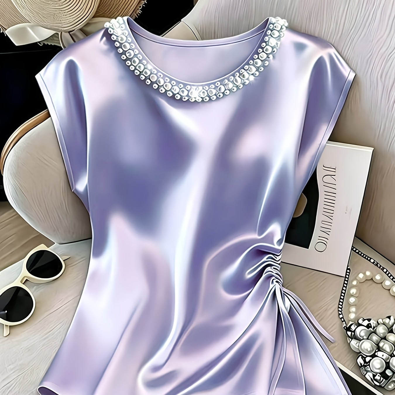Damen Elegante Satinbluse mit Perlenkragen und Raffdetails – Stilvolle Kurzarm-Bluse für festliche Anlässe