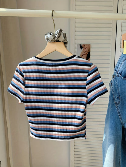 Damen Modernes Streifen-Rippstrick T-Shirt – Kurzarm, Lässiger Streetstyle