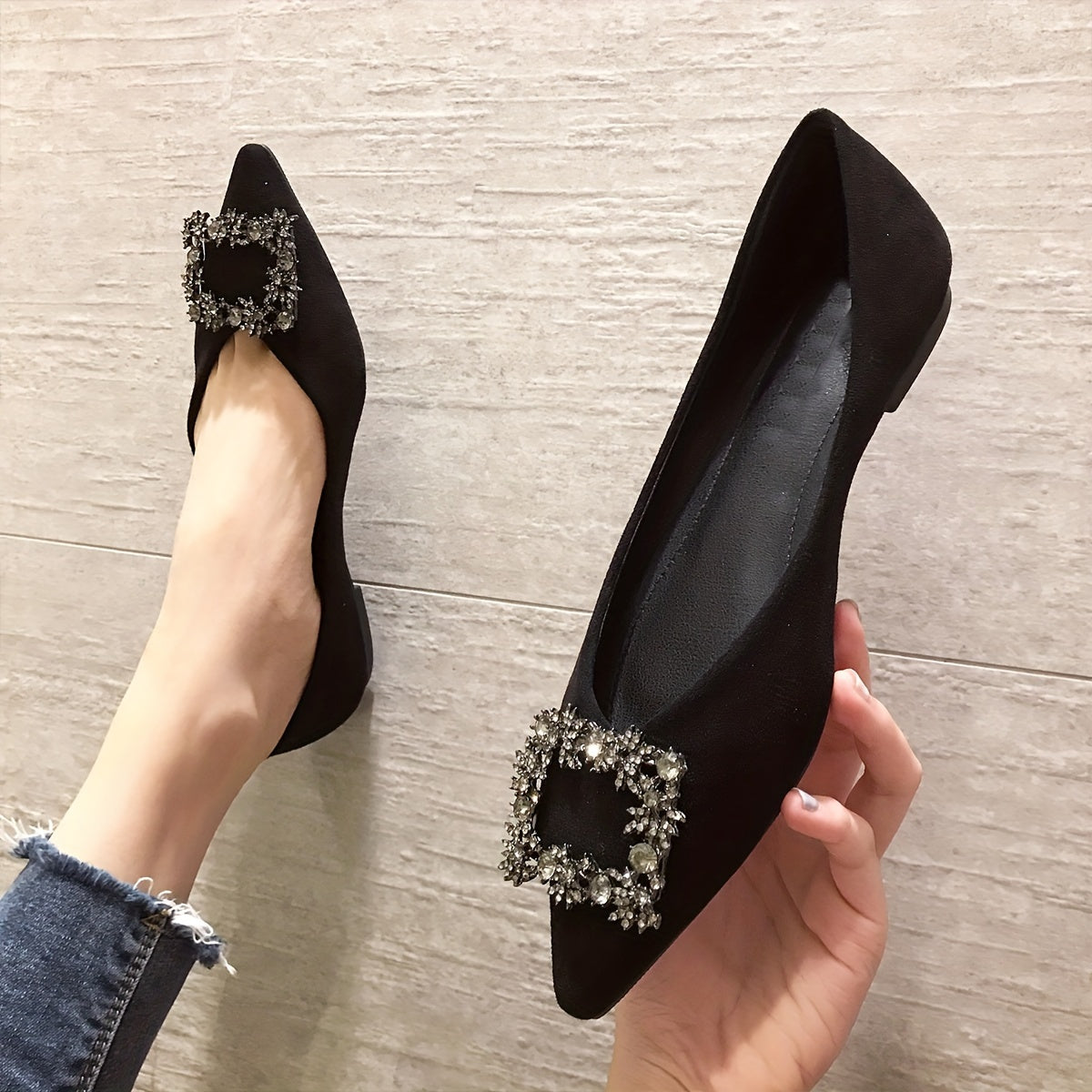 Damen Elegante Spitz-Toe Ballerinas mit Strass-Schnalle – Stilvolle Flats für festliche Anlässe