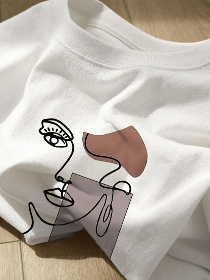 Damen T-Shirt mit abstraktem Gesicht Print – Modernes Casual Design für Alltag und Freizeit