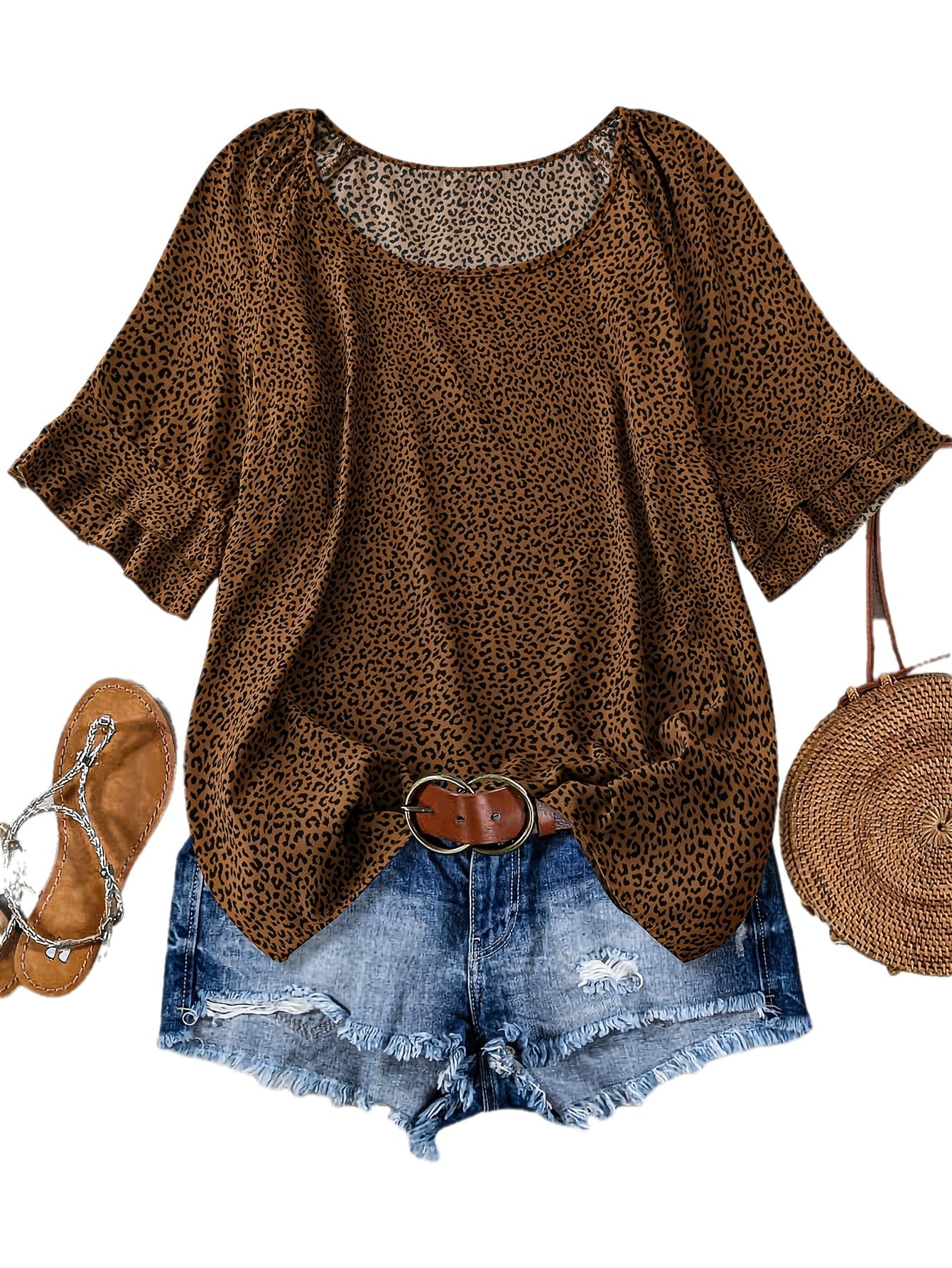Damen Sommer Freizeitset mit Leoparden-Print Bluse, Jeansshorts und Accessoires – Perfekt für Urlaub & Alltag