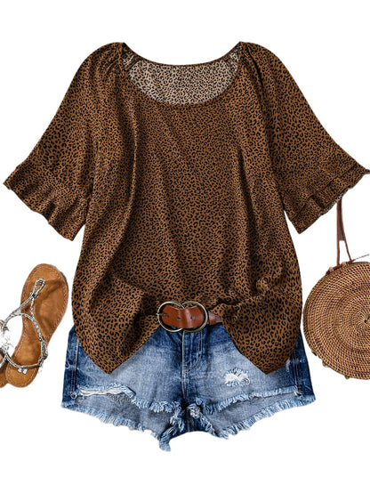 Damen Sommer Freizeitset mit Leoparden-Print Bluse, Jeansshorts und Accessoires – Perfekt für Urlaub & Alltag