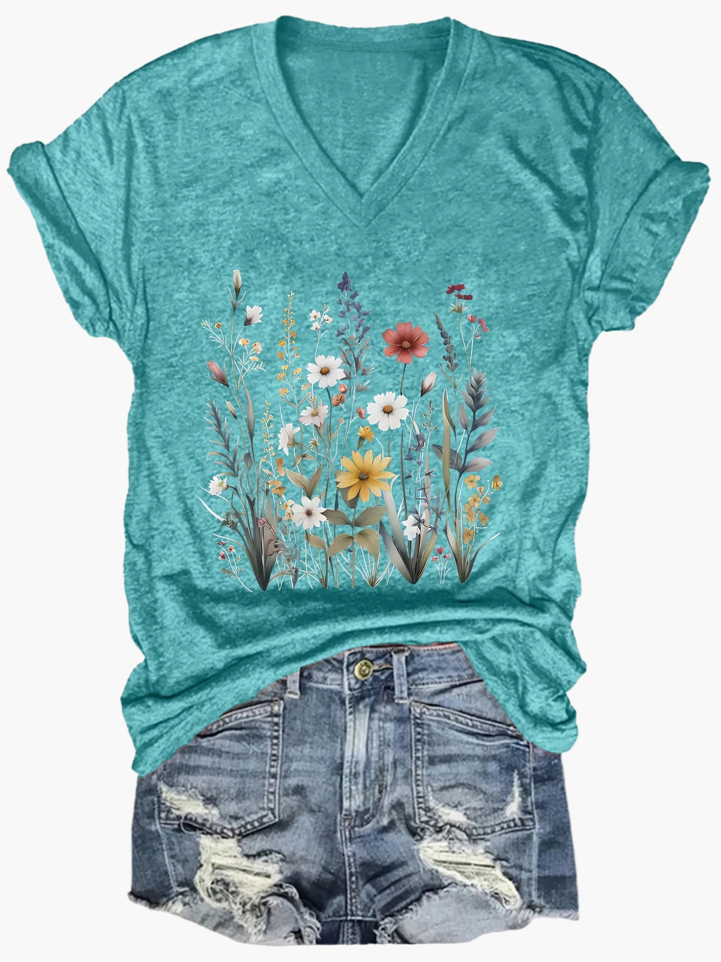 Damen V-Ausschnitt T-Shirt mit Wildblumen-Print, lässig, perfekt für Sommer und Freizeit