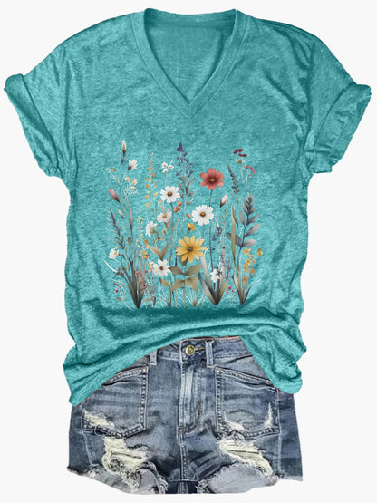 Damen V-Ausschnitt T-Shirt mit Wildblumen-Print, lässig, perfekt für Sommer und Freizeit