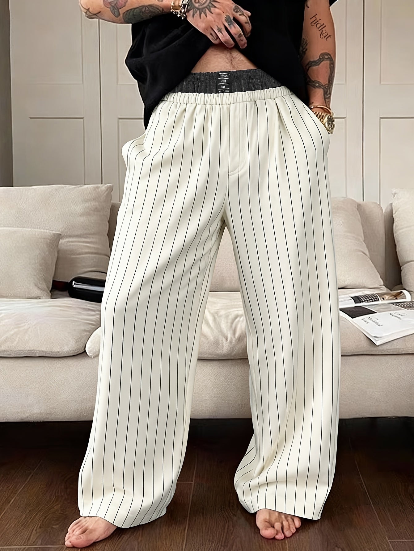 Herren Weite Loungewear Hose mit Nadelstreifen und Elastikbund – Moderner Relaxed Fit für Zuhause und Freizeit