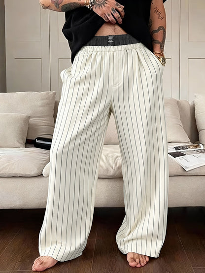 Herren Weite Loungewear Hose mit Nadelstreifen und Elastikbund – Moderner Relaxed Fit für Zuhause und Freizeit