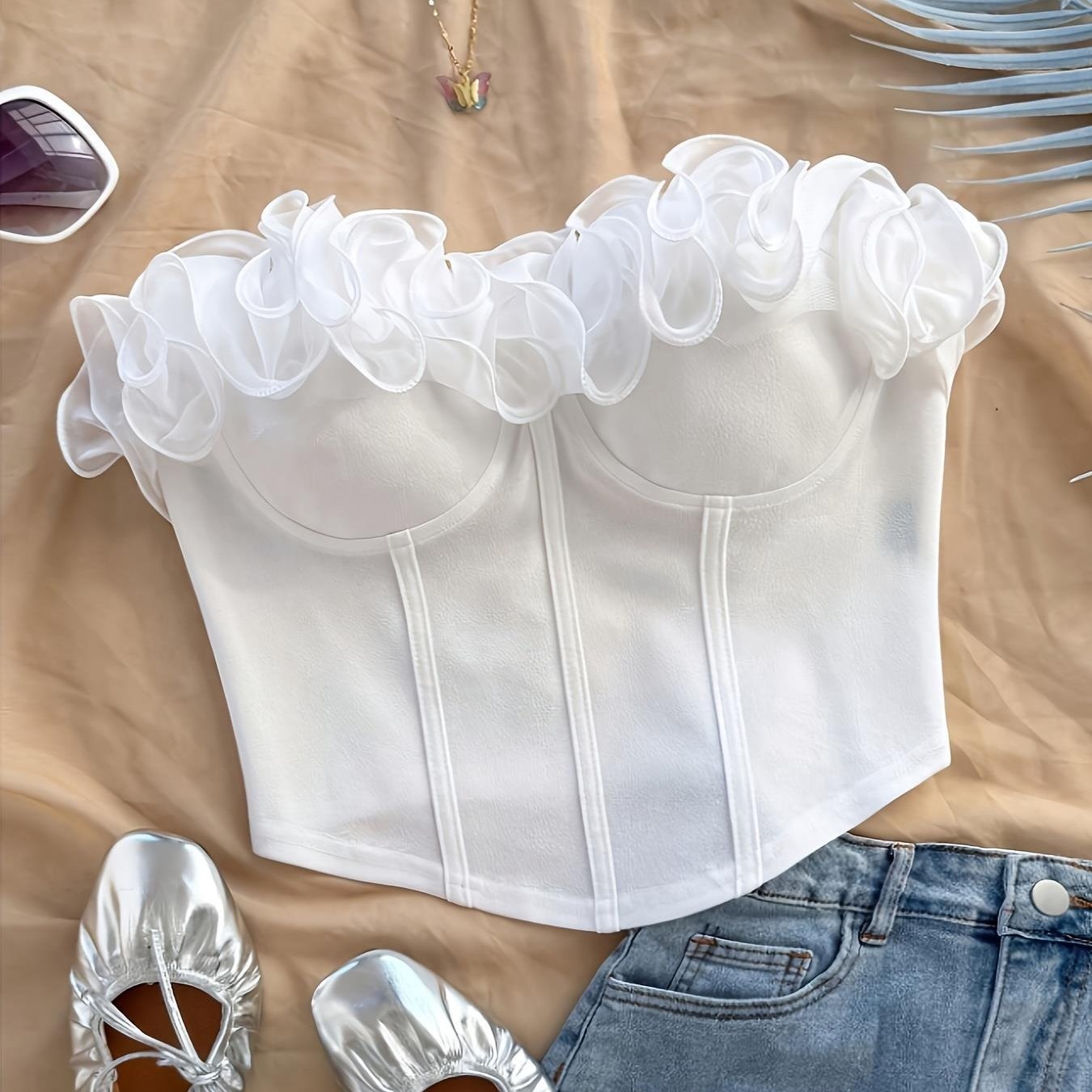 Damen Bustier Top mit Volantkragen – Elegantes, Schulterfreies Corsagen-Oberteil für Party & Ausgehen