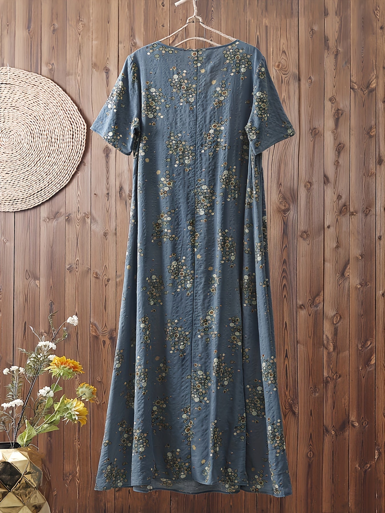 Damen Maxikleid Boho-Stil Vintage Tunika Sommerkleid mit Blumenmuster