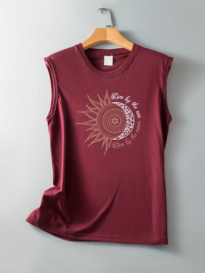 Damen Tanktop mit Boho Sonne-Mond Print – Lässiges Sommer-Shirt im Ethno-Stil