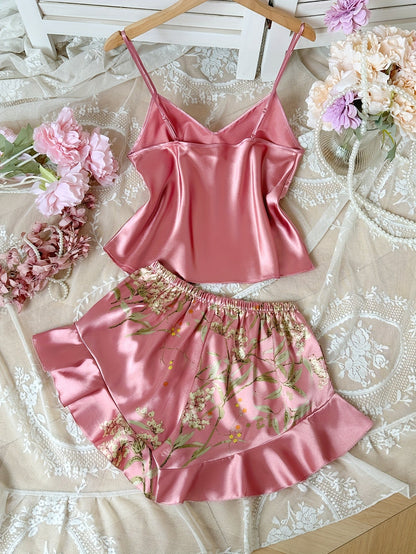 Damen Satin Pyjama Set mit Spaghettiträgern und Blumenmuster – Elegantes Schlafanzug-Set für den Sommer