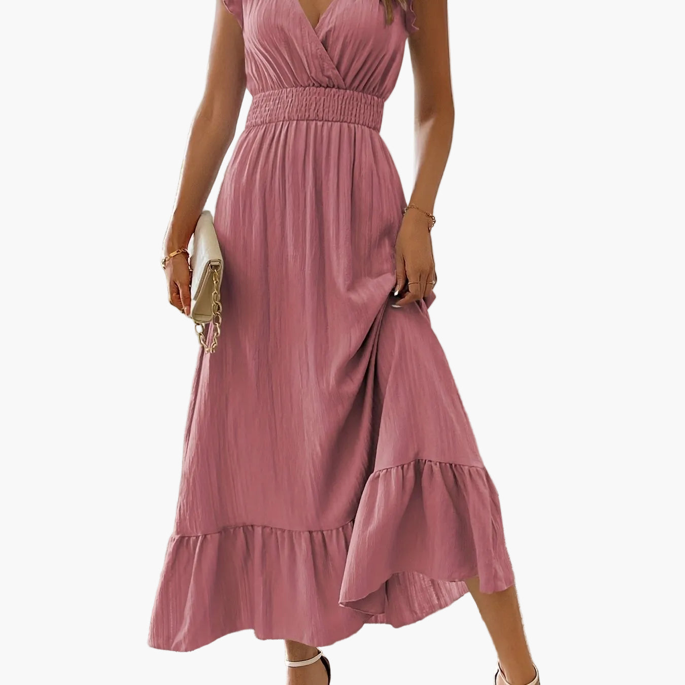 Damen Elegantes Maxikleid mit V-Ausschnitt und Rüschen – Perfekt für Sommer und besondere Anlässe