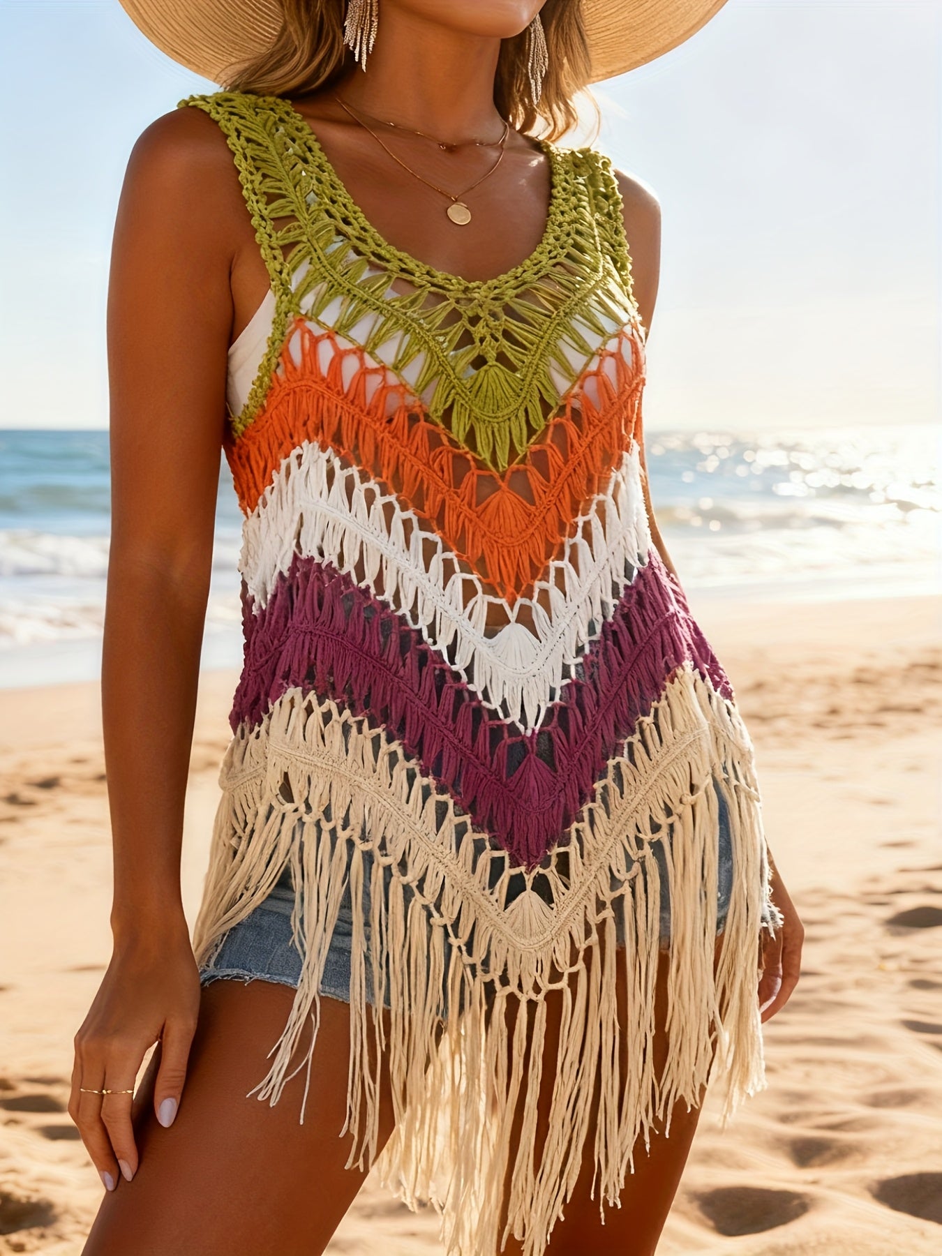 Damen Boho Strand Häkel-Überwurf mit Fransen und Chevron-Muster