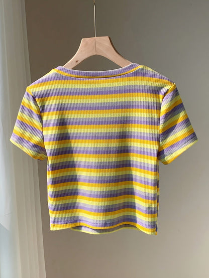 Damen Modernes Streifen-Rippstrick T-Shirt – Kurzarm, Lässiger Streetstyle