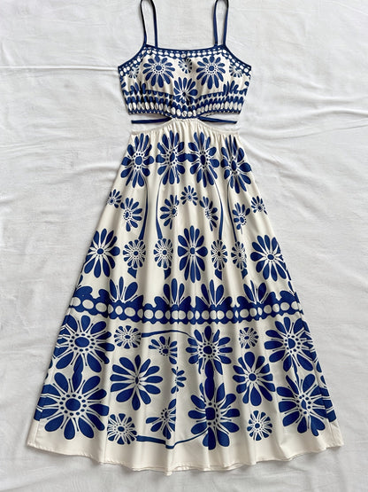 Damen Maxikleid mit Blumenmuster und Cut-Out-Detail – Boho Stil, Sommer, Elegant