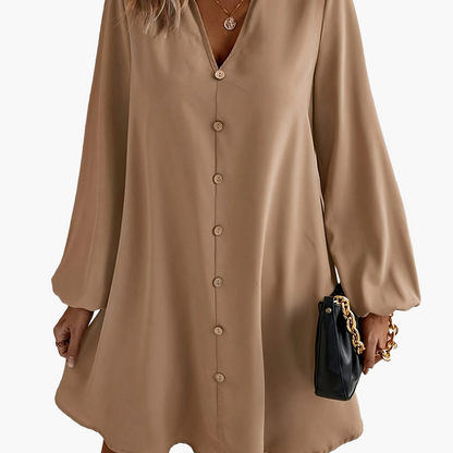 Damen Shirtkleid Elegant Locker Freizeit V-Ausschnitt Knopfleiste