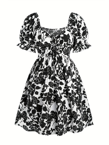 Damen Sommerkleid mit floralen Print und Puffärmeln – Elegantes Fit & Flare Freizeitkleid